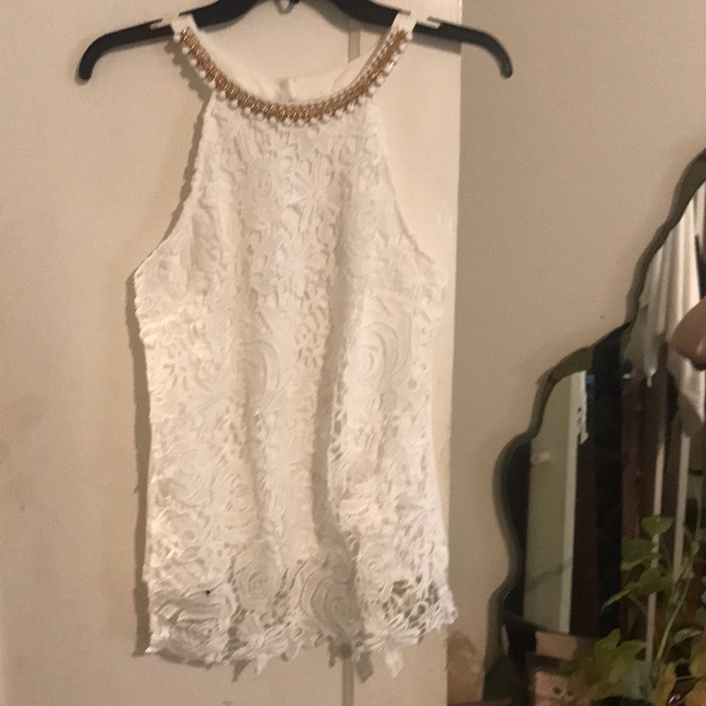 Cute White Lace Top with gold embellishment